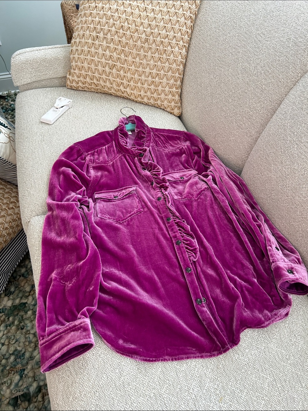 Sundance snap front Velvet Ruffle Button-Up Blouse in Deep Magenta Beautiful